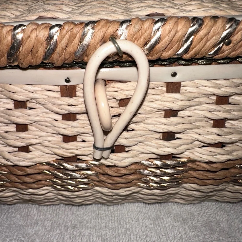 Vintage Braided Woven Wicker Sewing Basket Box Green Satin Lined Japan MCM